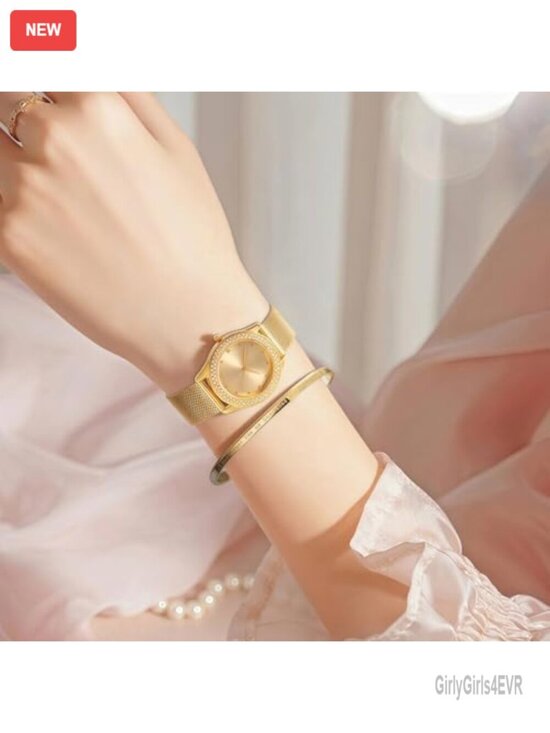 Crystal Case Mesh Band Analog Quartz Watch with Jewelry Cuff Bracelet Set main image 5